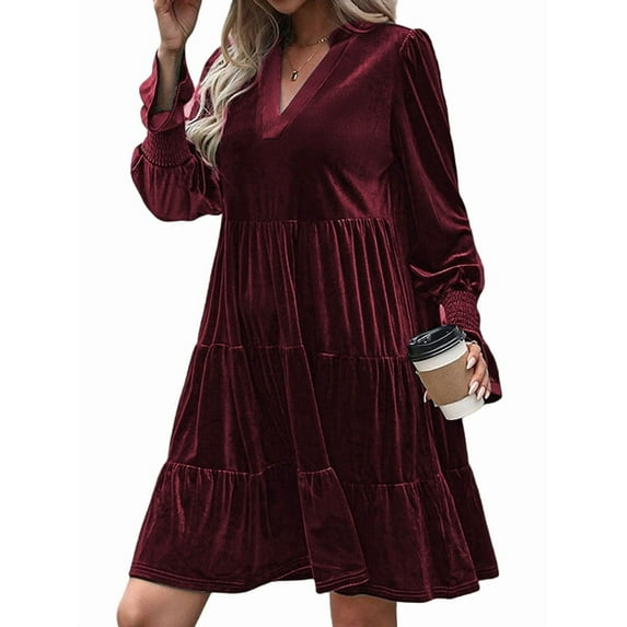 Women'S Elegant Velvet Long Sleeve Dress Casual Fall V Neck A Line Babydoll Flowy Formal Wedding Party Mini Dress Wine Red XL