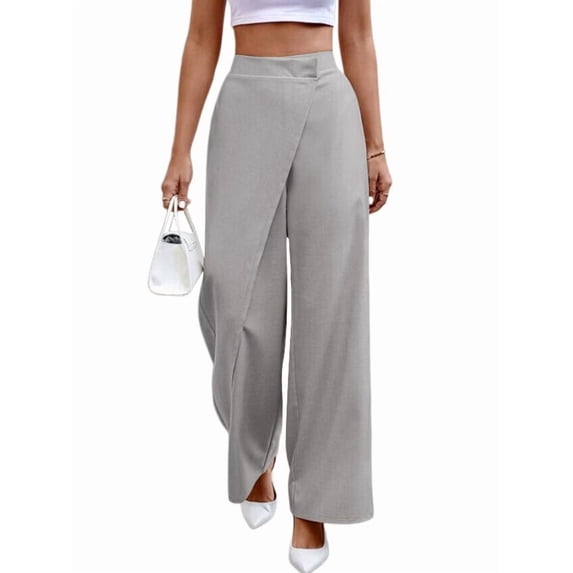 Women'S Elegant Wrap Front High Waisted Wide Leg Pants Suit Pants Trousers Gray S
