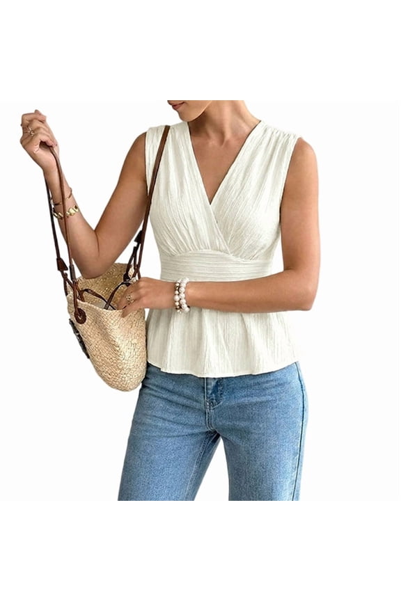 Women'S Elegant Wrap V Neck Peplum Tops Sleeveless Ruched Ruffle Dressy Blouses Shirts Color L