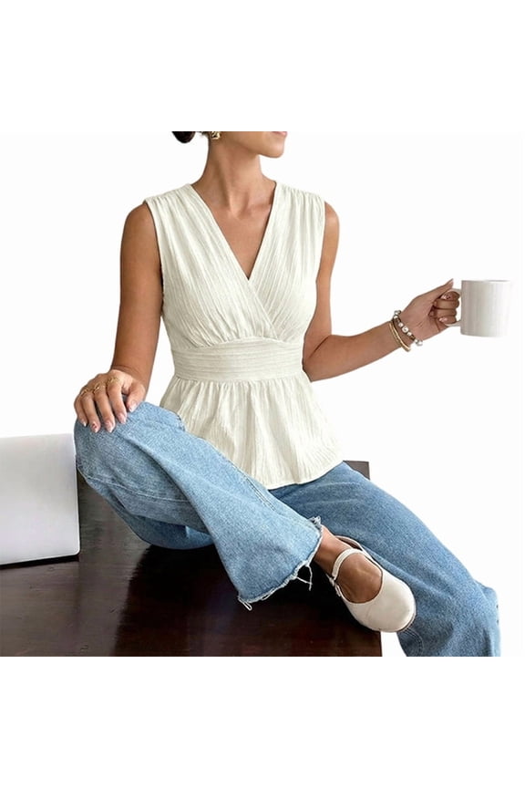 Women'S Elegant Wrap V Neck Peplum Tops Sleeveless Ruched Ruffle Dressy Blouses Shirts Color M