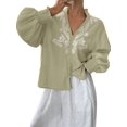 thumbnail image 1 of Women'S Embroidered Linen Shirts Button Up Sleeve V Neck Boho Blouse Light Green XL, 1 of 8