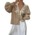 thumbnail image 1 of Women'S Embroidered Linen Shirts Button Up Sleeve V Neck Boho Blouse  XL, 1 of 8