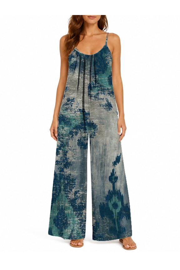 Women'S Ethnic Pattern Umpsuit Sleeveless Loose Fit Wide Leg Pants Suit Casual Vacation Romper