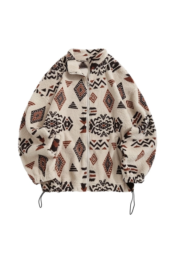 Women'S Ethnic Print Micro Pellet Plush Zip Front Jacket with Pockets Soft Fleece Outerwear Color S