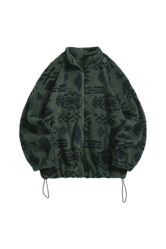 Women'S Ethnic Print Micro Pellet Plush Zip Front Jacket with Pockets Soft Fleece Outerwear Green M