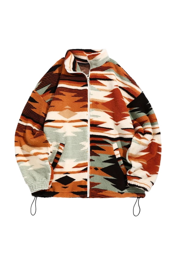 Women'S Ethnic Print Micro Pellet Plush Zip Front Jacket with Pockets Soft Fleece Outerwear Mixed Color XL