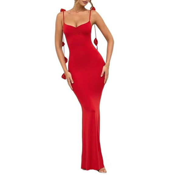 Women'S Evening Backless Straps Strap Stereoscopic Flower Halter Long Dresses Red S