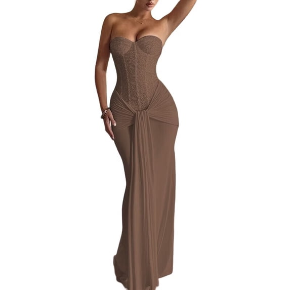 Women'S Evening Gown Waist Tie Slim Fit Ribbon Strapless Dress Elegant Formal Party Maxi Cocktail