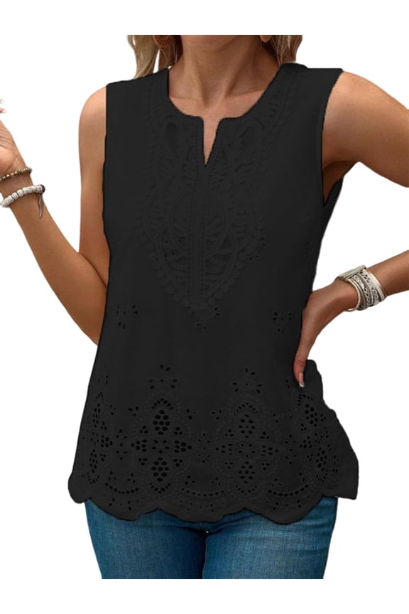 Women'S Eyelet Embroidered Sleeveless Blouse V Neck Casual Summer Shirt Tops Black XXL