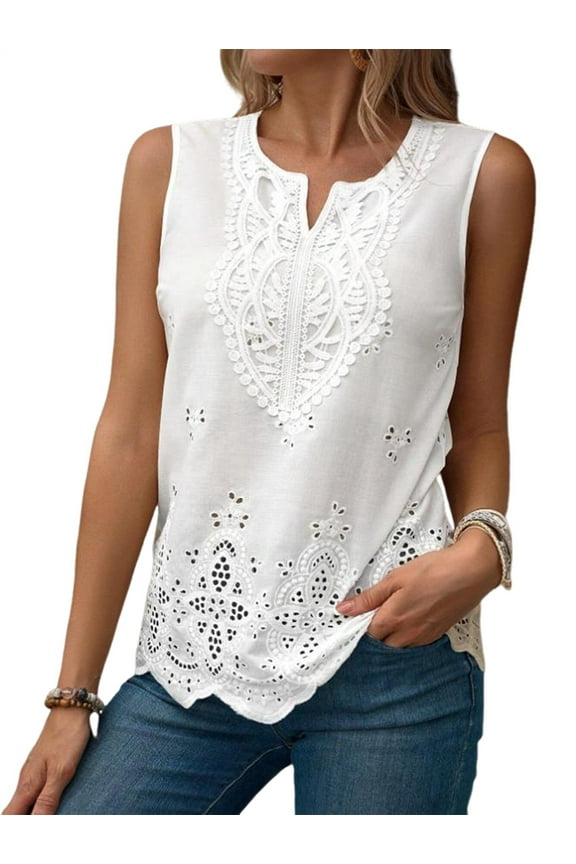 Women'S Eyelet Embroidered Sleeveless Blouse V Neck Casual Summer Shirt Tops White L