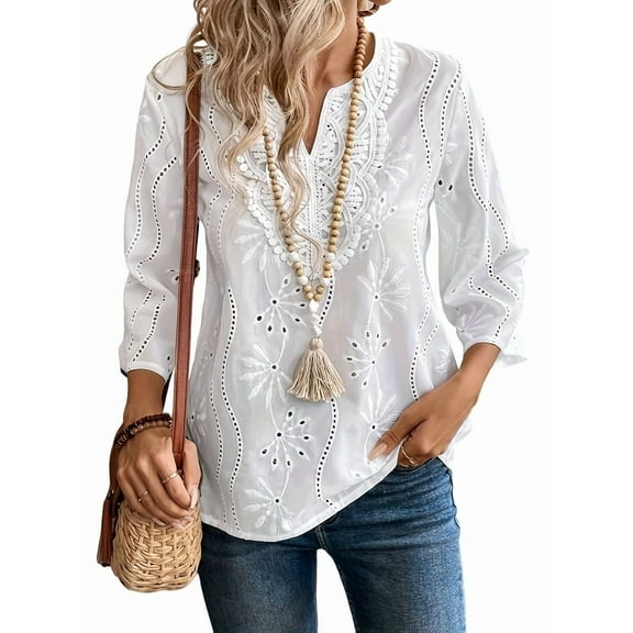 Women'S Eyelet Embroidery 3/4 Sleeve Summer Notched Neck Boho Blouse Top White S