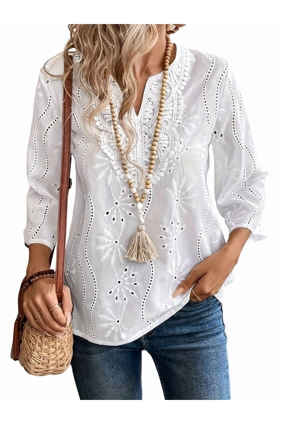 Women'S Eyelet Embroidery 3/4 Sleeve Summer Notched Neck Boho Blouse Top White XXL