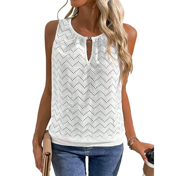 Women'S Eyelet Embroidery Hollow Out Casual Tank, Summer Cool Comfy Sleeveless Loose Shirts White XL