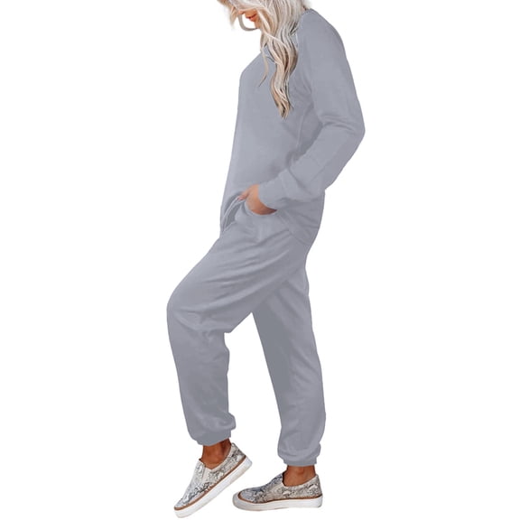 Women'S Fall 2 Piece Lounge Outfit Long Sleeve Tops High Waisted Jogger Pants Set Tracksuit Gray L