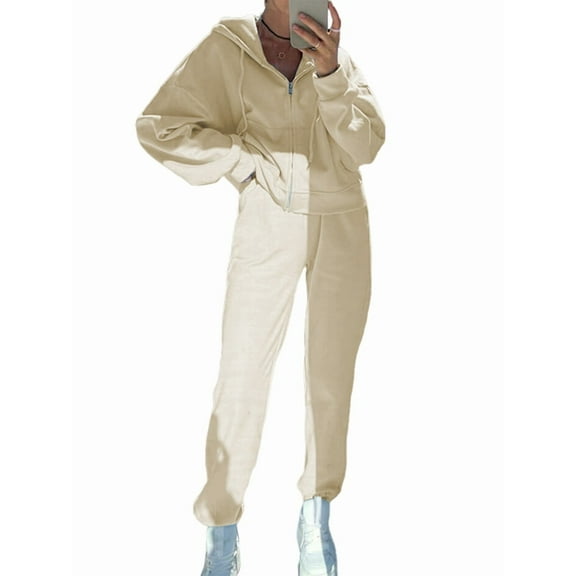 Women'S Fall 2 Piece Sweatsuits Set Long Sleeve Zip Up Sweatshirt Wide Leg Sweatpants Lounge Sets Apricot XL