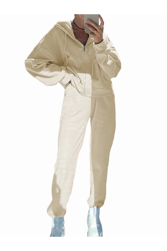 Women'S Fall 2 Piece Sweatsuits Set Long Sleeve Zip Up Sweatshirt Wide Leg Sweatpants Lounge Sets Apricot XL