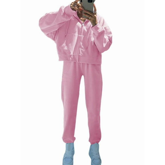 Women'S Fall 2 Piece Sweatsuits Set Long Sleeve Zip Up Sweatshirt Wide Leg Sweatpants Lounge Sets Pink XL