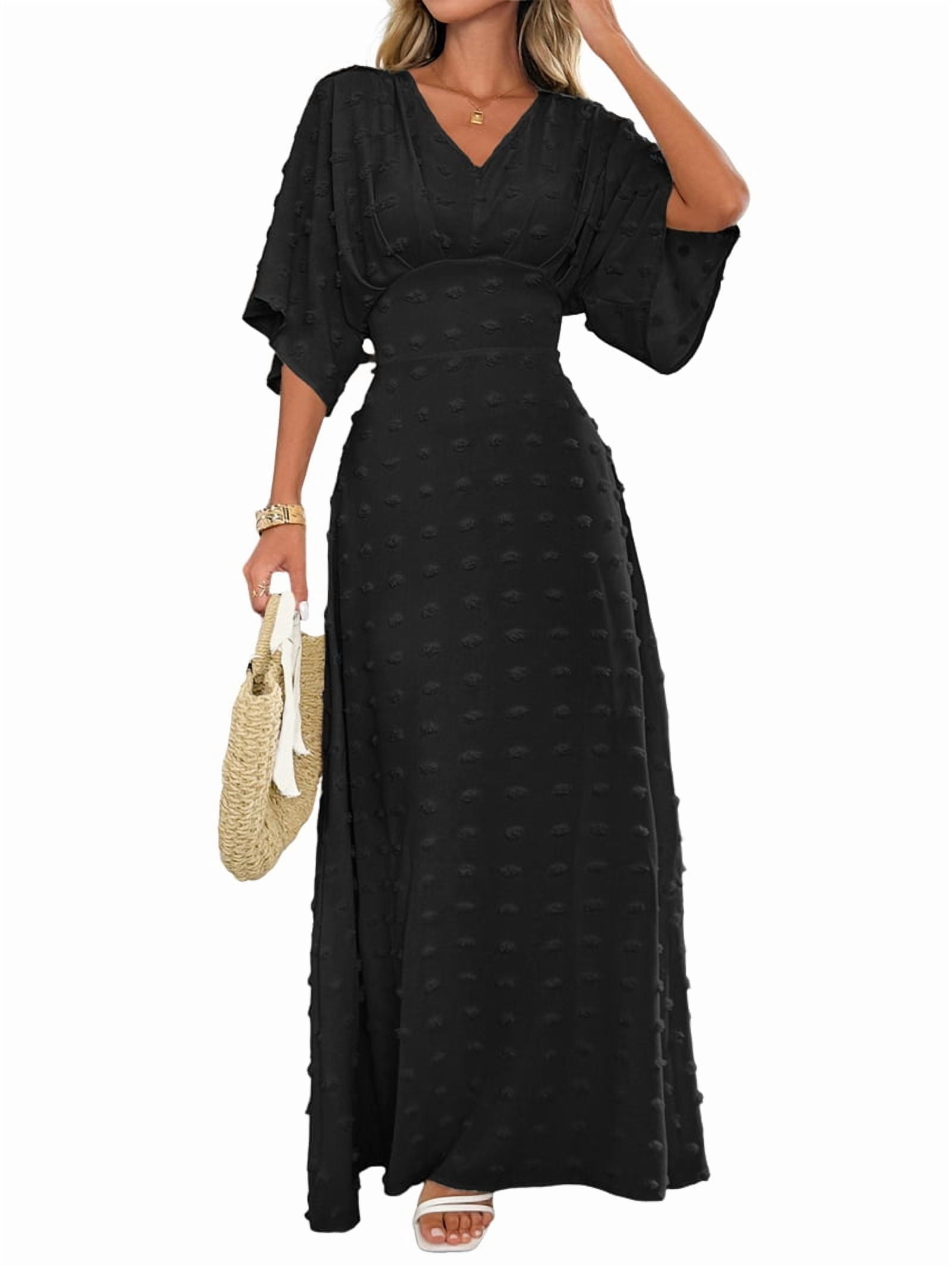 XFLWAM Women's Deep Vneck Long Bell Sleeve Wedding Guest Dress