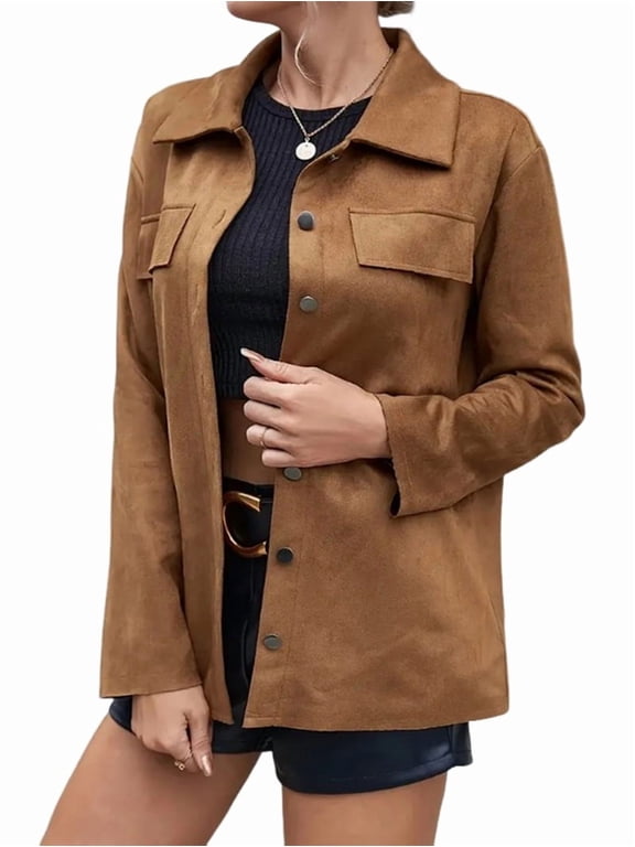 Women'S Fall Boyfriend Faux Suede Leather Jacket Casual Midi Long Button Down Shacket Coat Light Brown XL