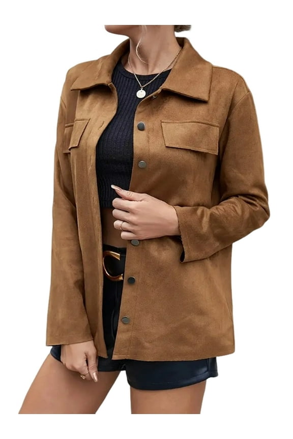 Women'S Fall Boyfriend Faux Suede Leather Jacket Casual Midi Long Button Down Shacket Coat Light Brown XL