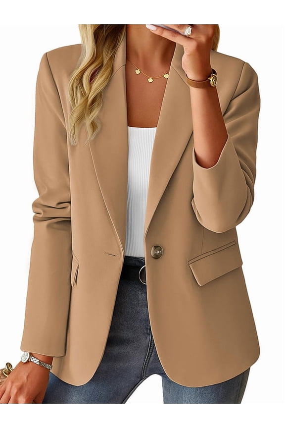 Women'S Fall Casual Blazer - Fully Lined Lightweights Button Lapel Collar Slim Fashion with Pocket Khaki L