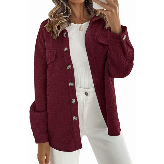 Women'S Fall Casual Long Sleeve Button Down Loose Light-Weight Shacket Shirt Jacket Coat with Pockets Wine Red XXL