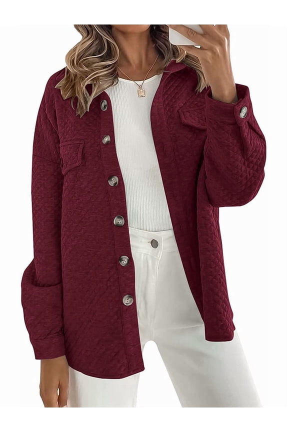 Women'S Fall Casual Long Sleeve Button Down Loose Light-Weight Shacket Shirt Jacket Coat with Pockets Wine Red XXL