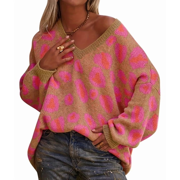 Women'S Fall Casual Sweater Pullover Loose Asymmetrical V Neck Long Sleeves Knit Sweater Rose Red M