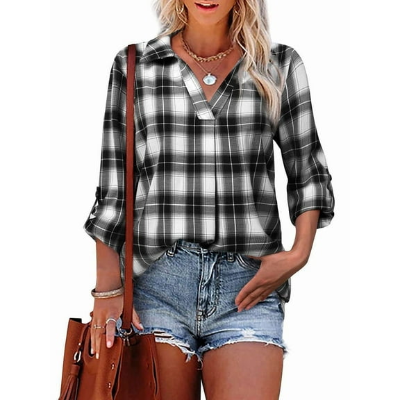 Women'S Fall Collage Pullover Long Sleeve V-Neck Loose Blouse Black S