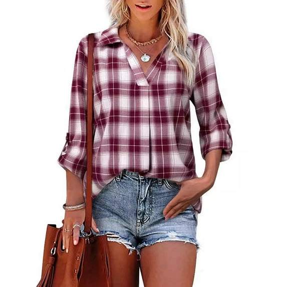 Women'S Fall Collage Pullover Long Sleeve V-Neck Loose Blouse Red XL