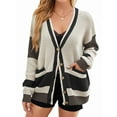 thumbnail image 1 of Women'S Fall Color Block Oversized Cardigan Sweater V-Neck Button Down Knit Cardigan Jacket Black S, 1 of 5