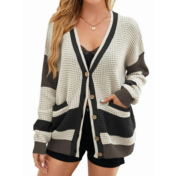 Women'S Fall Color Block Oversized Cardigan Sweater V-Neck Button Down Knit Cardigan Jacket Black S