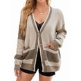 thumbnail image 1 of Women'S Fall Color Block Oversized Cardigan Sweater V-Neck Button Down Knit Cardigan Jacket Khaki L, 1 of 8
