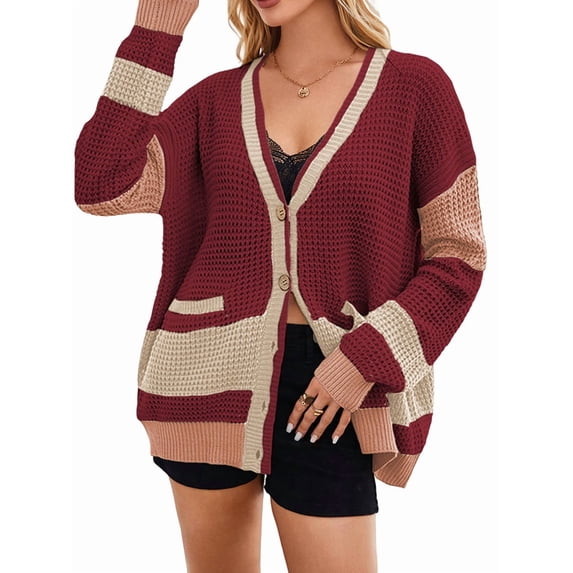 Women'S Fall Color Block Oversized Cardigan Sweater V-Neck Button Down Knit Cardigan Jacket Red L