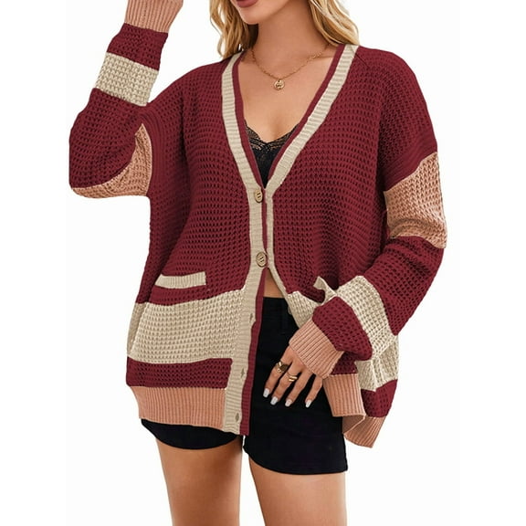 Women'S Fall Color Block Oversized Cardigan Sweater V-Neck Button Down Knit Cardigan Jacket Red M