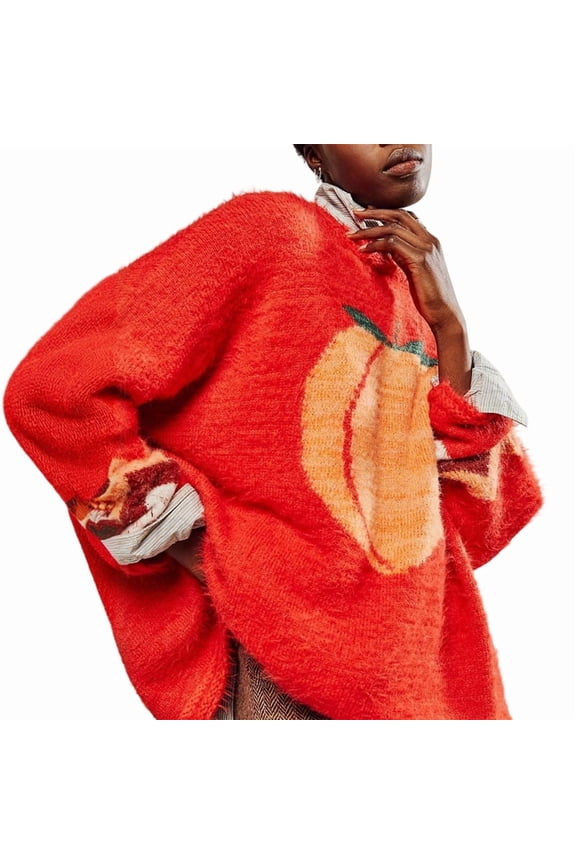 Women'S Fall Crew Neck Sweater Casual Long Sleeve Strawberry Print Knit Pullover Sweaters Dressy Casual Tops Orange M