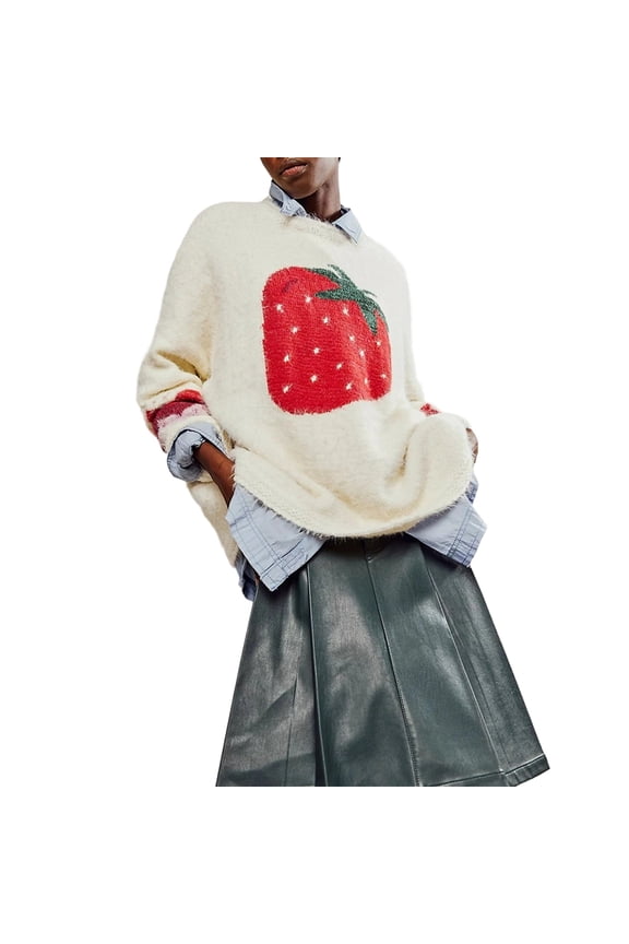 Women'S Fall Crew Neck Sweater Casual Long Sleeve Strawberry Print Knit Pullover Sweaters Dressy Casual Tops White M