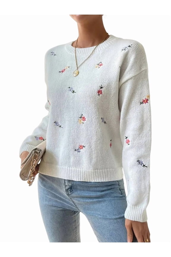 Women'S Fall Crochet Sweaters Light-Weight Floral Long Sleeve Embroidered Knit Flower Cute Sweater Tops White L