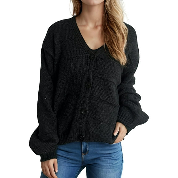 Women'S Fall Fashion Button Down Cardigan Sweater Loose Casual Cable Knit Sweater Coat Black S