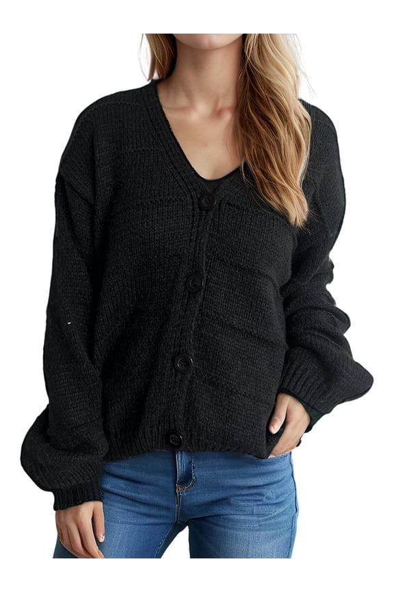 Women'S Fall Fashion Button Down Cardigan Sweater Loose Casual Cable Knit Sweater Coat Black S