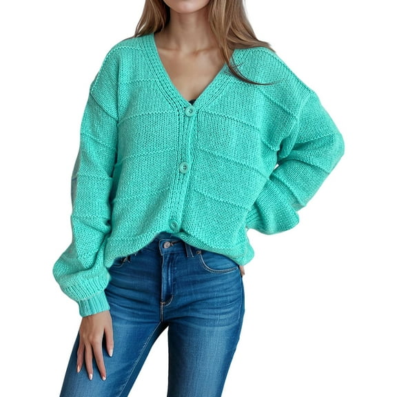 Women'S Fall Fashion Button Down Cardigan Sweater Loose Casual Cable Knit Sweater Coat Blue & Green M