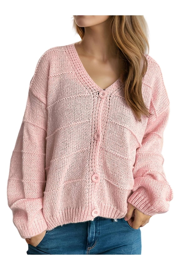 Women'S Fall Fashion Button Down Cardigan Sweater Loose Casual Cable Knit Sweater Coat Pink L