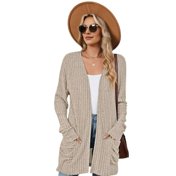 Women'S Fall Fashion Cardigan Soft Knit Cardigan for Women Long Sleeve Open Front Coat with Pockets Khaki M