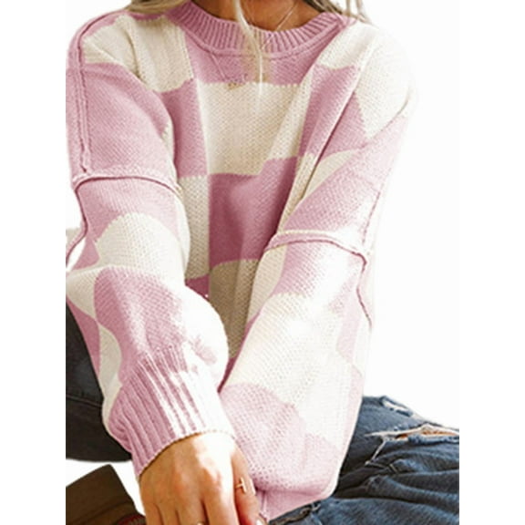 Women'S Fall Fashion Crew Neck Long Sleeve Lattice Ribbed Knit Loose Pullover Sweater Tops Pink L