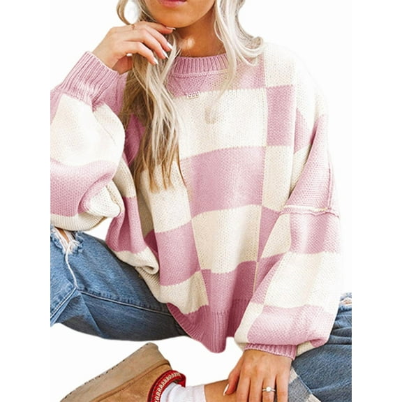 Women'S Fall Fashion Crew Neck Long Sleeve Lattice Ribbed Knit Loose Pullover Sweater Tops Pink M