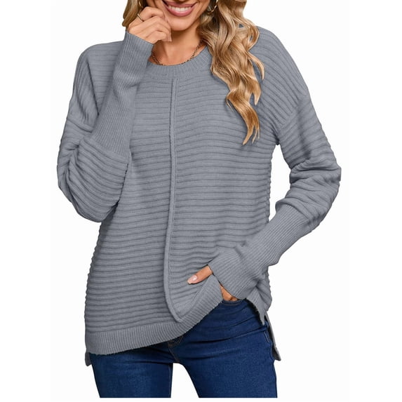 Women'S Fall Fashion Crew Neck Ribbed Knit Pullover Sweater Loose Side Split Batwing Long Sleeve Sweaters Grey S