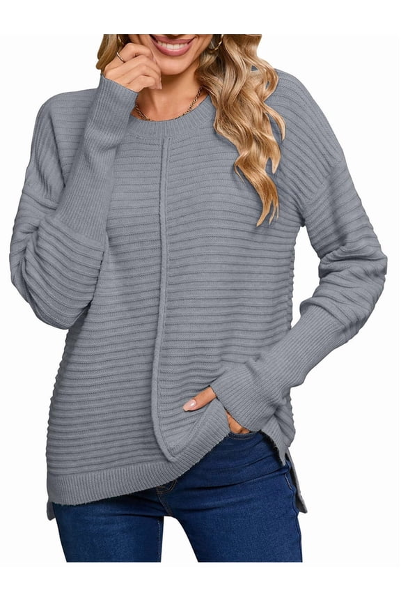 Women'S Fall Fashion Crew Neck Ribbed Knit Pullover Sweater Loose Side Split Batwing Long Sleeve Sweaters Grey XL