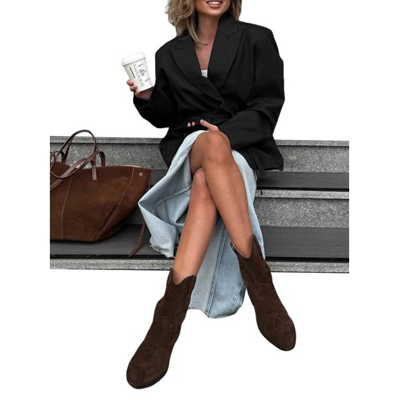 Women'S Fall Fashion Leather Jacket Casual Belt Button Down Blazer Trendy Coat Outerwear Black XL