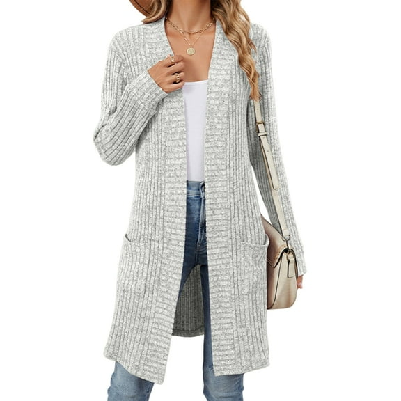 Women'S Fall Fashion Light-Weight Soft Knit Cardigan Long Sleeve Open Front Coat with Pockets Light Gray XXL