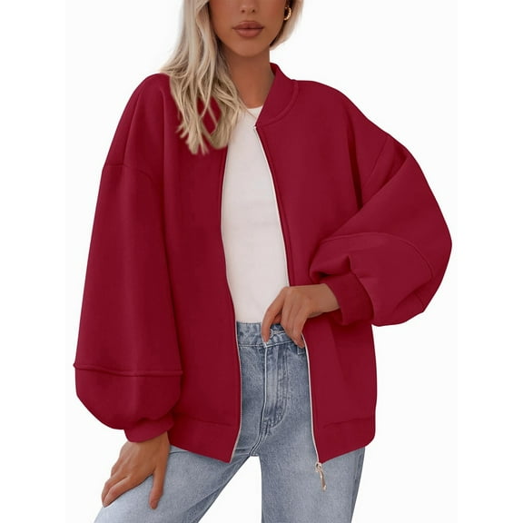 Women'S Fall Fashion Oversized Sweatshirt Jackets with Zipper Casual Long Sleeve Outerwear Winter Outfits Red M